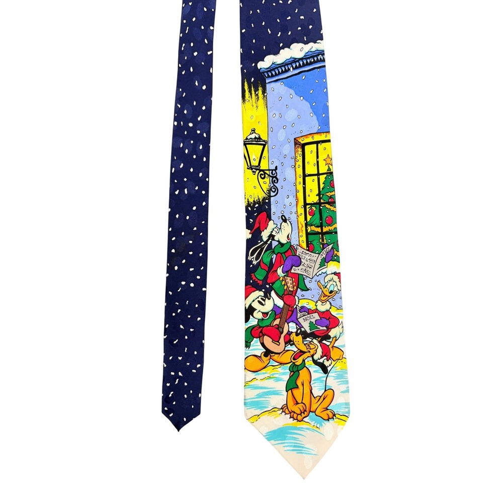 Disney Store Mens Silk Tie Mickey Mouse Donald Duck Christmas Caroling Blue